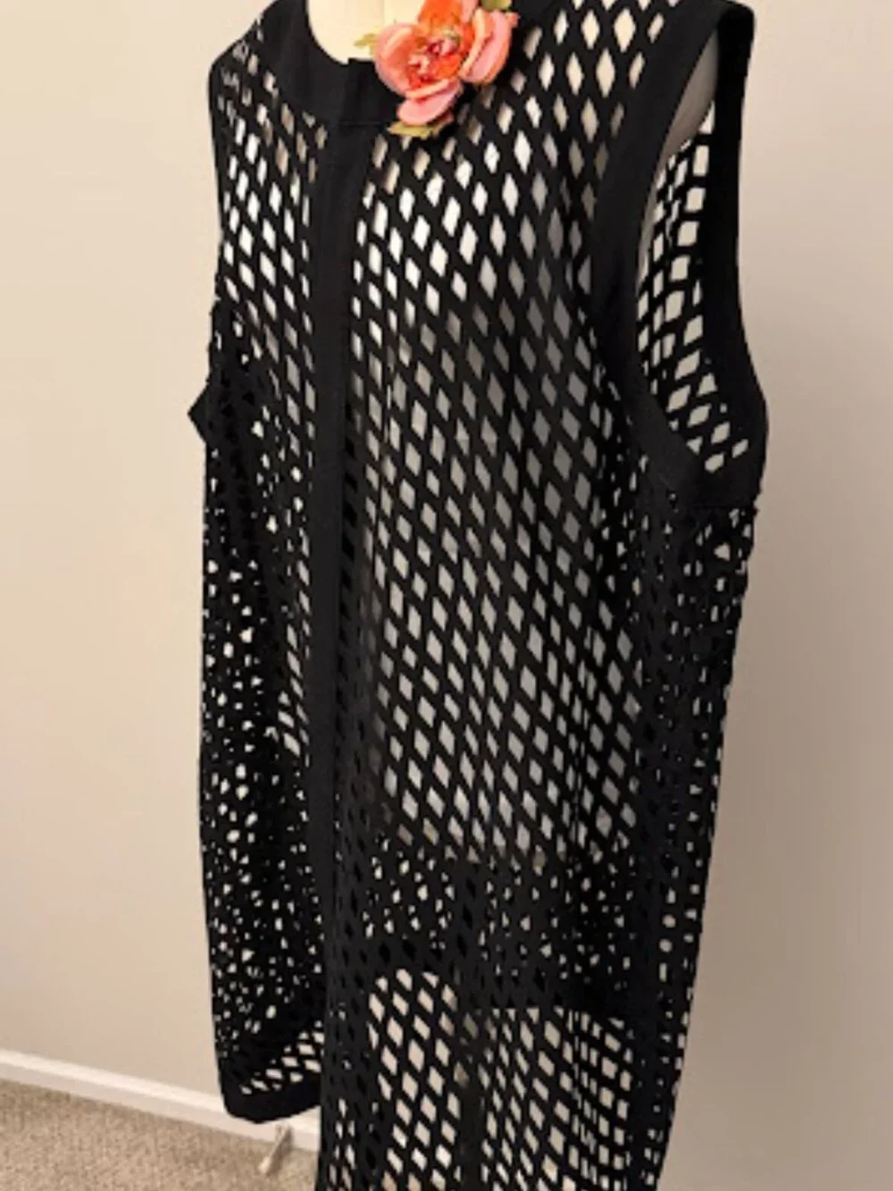 Black sleeveless knitted mesh cardigan (beach cover-up), size L–XL